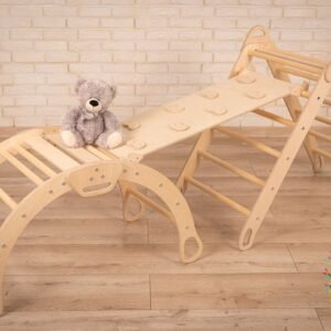 Set complet Parcours de Pikler (Triangle + Rampe + Arche ) – motricité globale – couleur nature – Bois naturel